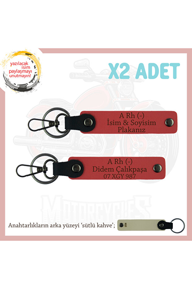 A Rh (-) Blood Group Written Leather X2 Gift Keychain, Pomegranate Flower-Sk, Special Name Plate for Motor Lovers
