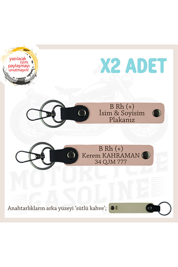 Birthday Gift, Leather X2 Keychain Set with Name Plate and Lettering B Rh (+) Blood Group, Yavruağzı-Sk