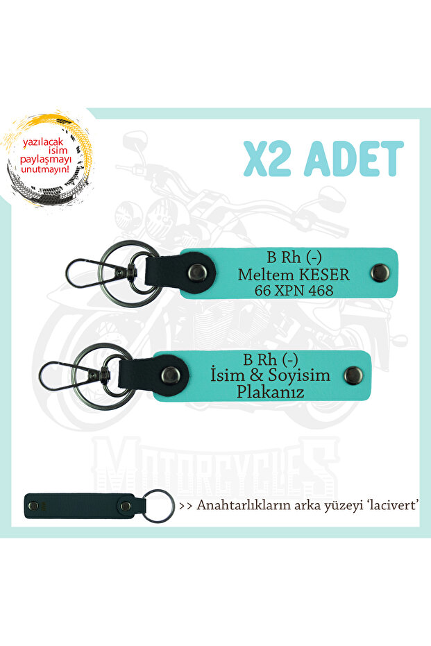 Name Plate and B Rh (-) Blood Group X2 Keychain, Turquoise-Laci, Motor Plate and Name Keychain