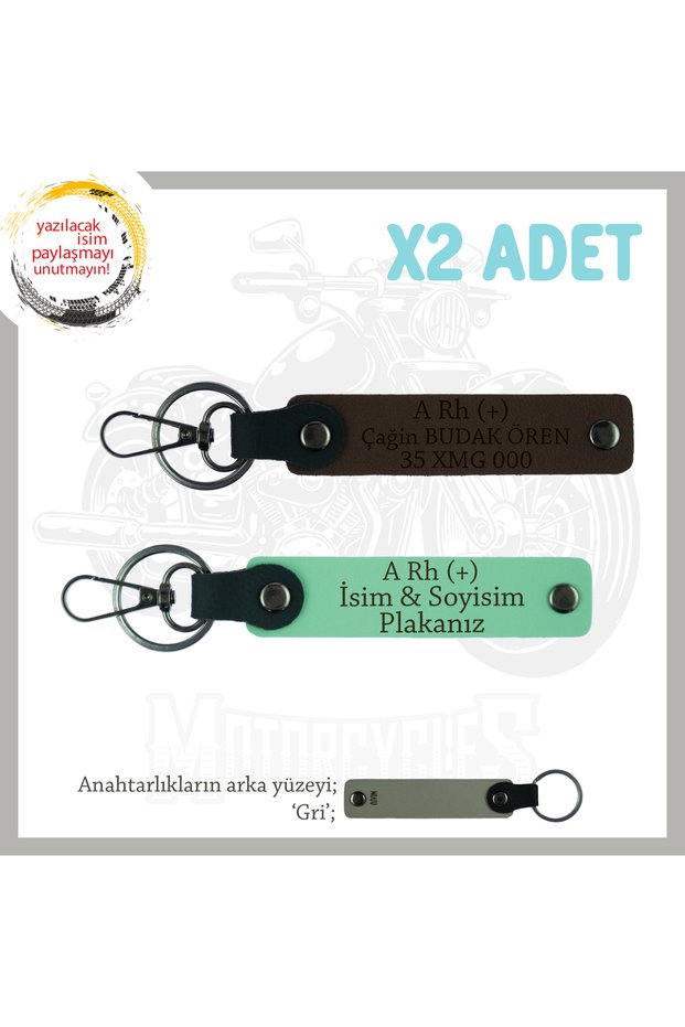 Special for Motor Enthusiasts, Name Plate and a Rh (+) Blood Type Lettering X2 Keychain, Green-K Brown-Gr