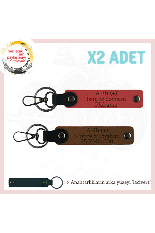 Biker Style Custom Name Plate, a Rh (+) Blood Type Written Engine X2 Keychain, Pomegranate Flower-Brown-Navy