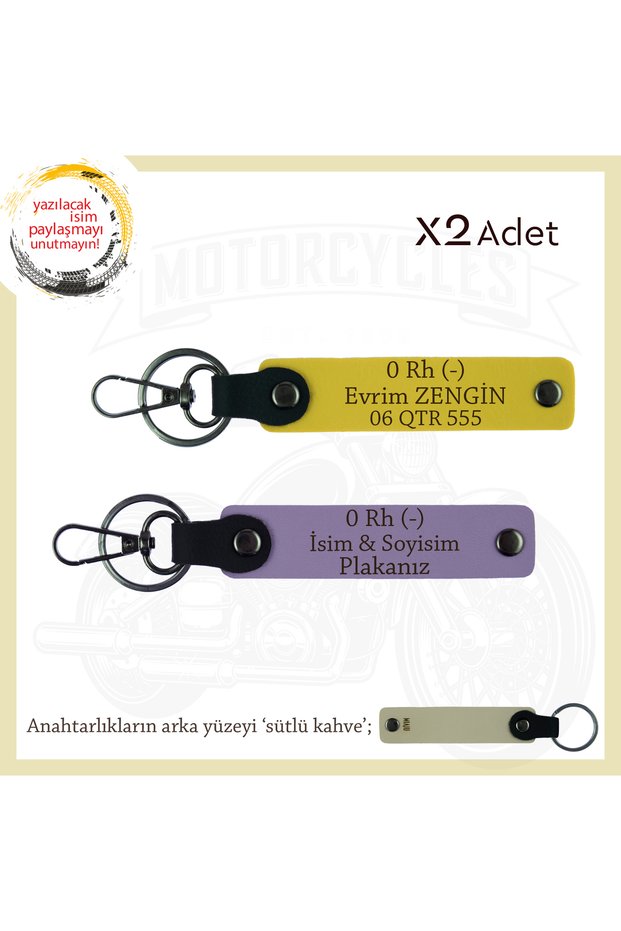Exclusive for Speed Enthusiasts, Keychain with Name Plate and 0 Rh (-) Blood Type Lettering Leather X2, Purple-Yellow-Sk