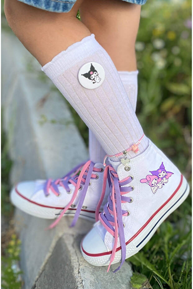 Kuromi and My Melody Printed, Lilac&Pink Laced, White High Top Sneakers, Kids Sneaker