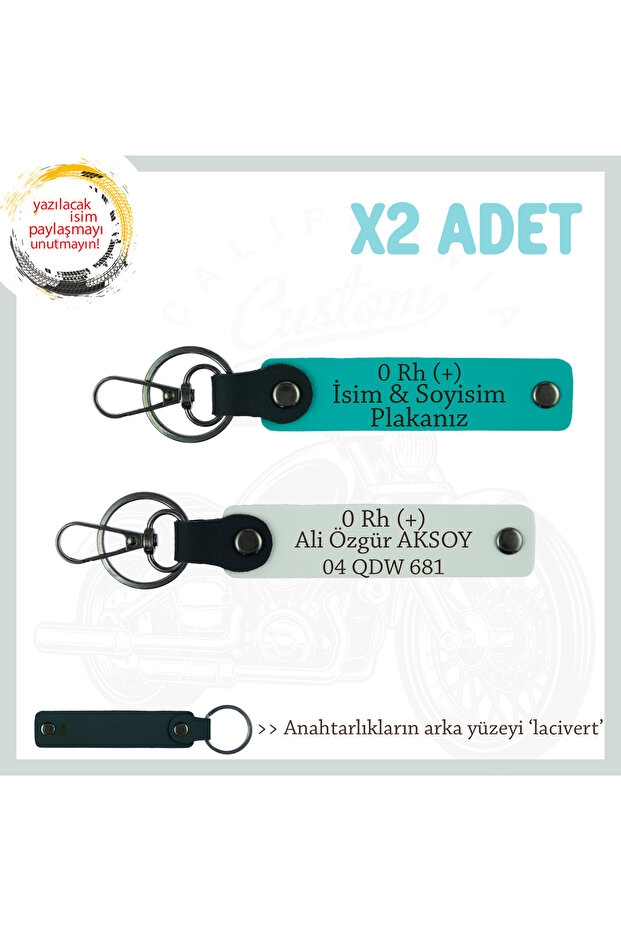 Gift Name Plate and 0 Rh (+) Blood Group Written Custom X2 Keychain, K Turquoise-White-Navy