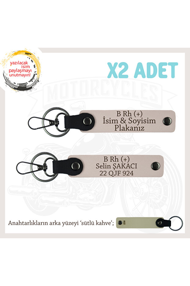 Name Plate and B Rh (+) Blood Group Written Leather X2 Keychain Set, Powder-Sk, Motorcycle Adventurers