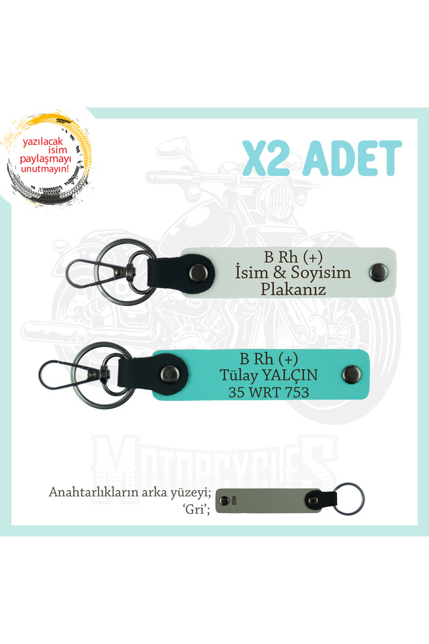 Gift, White-Turquoise-Gr, X2 Keychain with Name Plate and B Rh (+) Blood Group Written for Motor Lovers