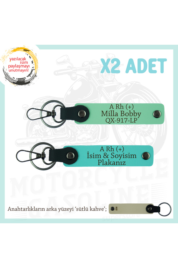 Name Plate and a Rh (+) Blood Group Written X2 Keychain Set, Green-Turquoise-Sk, Special for Motor Lovers