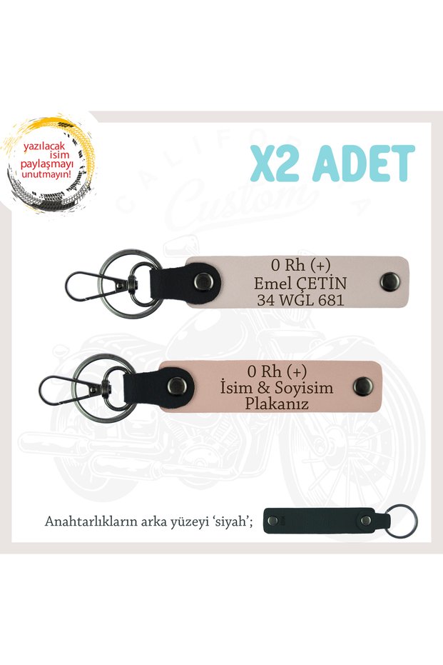 Special for Speed Lovers, X2 Keychain Set with Name Plate and 0 Rh (+) Blood Type Written, Yavruağzı-Pudra-Syh
