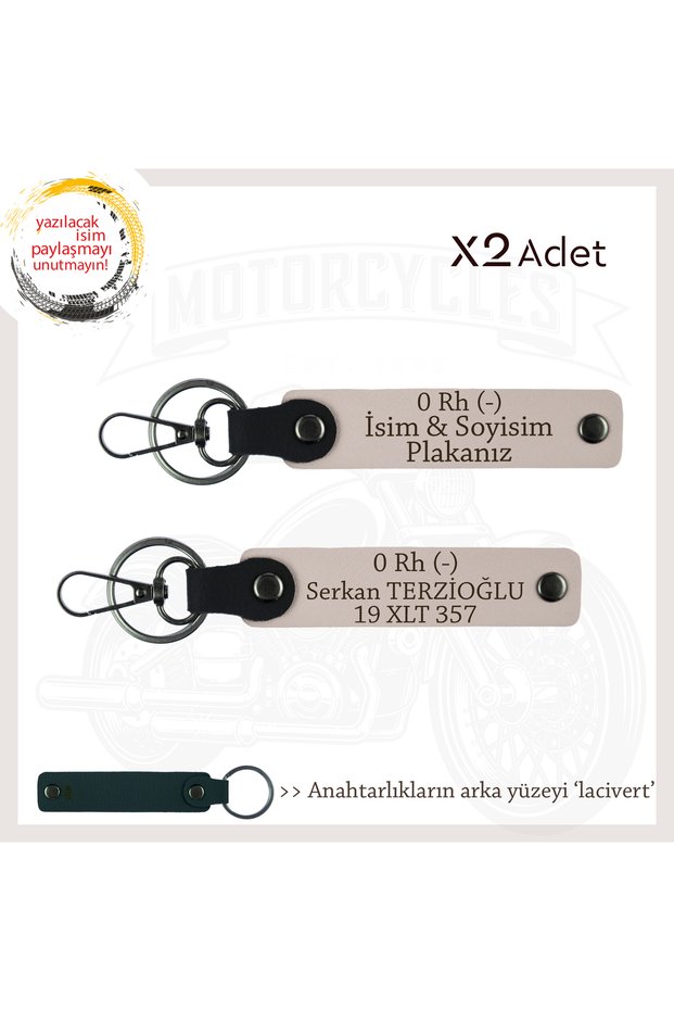 Special for Adventurers, Leather X2 Keychain Set with Name Plate and 0 Rh (-) Blood Type Written, Powder-Laci