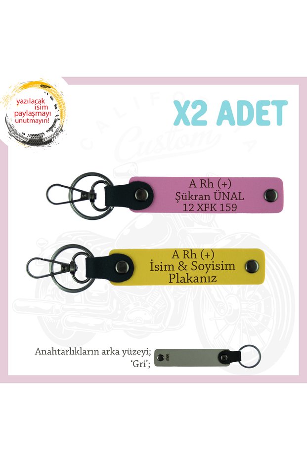 Motorcycle-Specific, Emergency 2-Pack Keychain with Nameplate and a Rh (+) Blood Type Lettering, Yellow-Pink-Gr