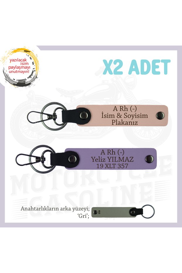 X2 Keychain, Yavruağzı-Purple-Gr, Special Name Plate for Motor Enthusiasts and a Rh (-) Blood Group Written