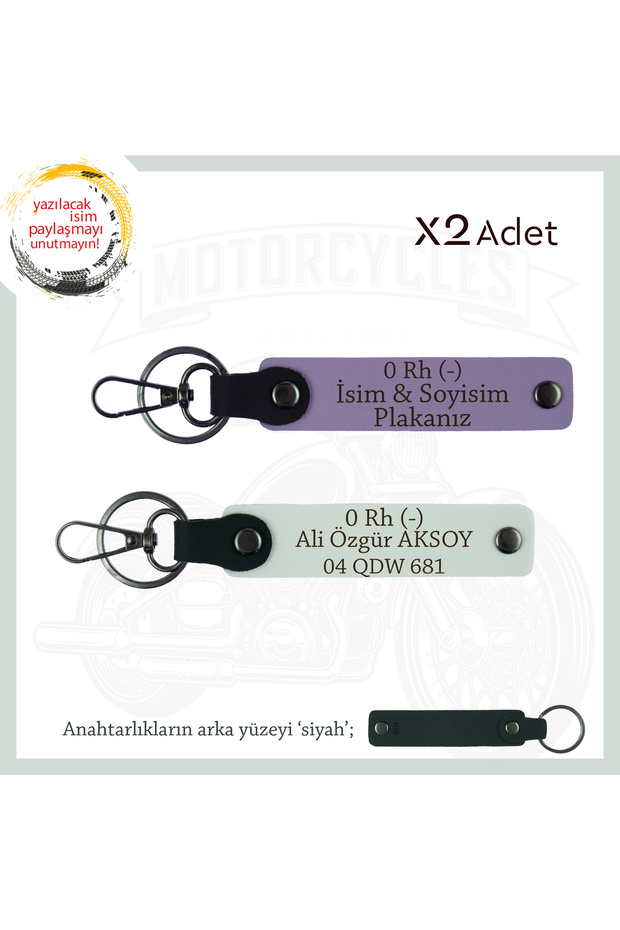 Team, Purple-White-Syh, X2 Keychain with Name Plate for Biker Fathers Gift and 0 Rh (-) Blood Group Written
