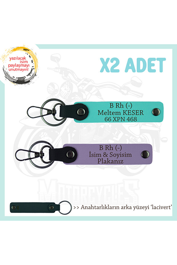 Name Plate and B Rh (-) Blood Group Emergency X2' Keychain, Purple-Turquoise-Navy, Motorcycle Lovers