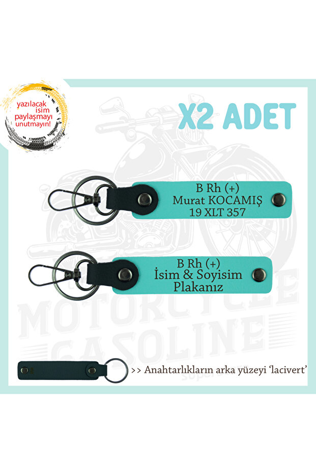 Name Plate and B Rh (+) Blood Group X2 Keychain, Turquoise-Laci, in Motor Plate and Name Keychain