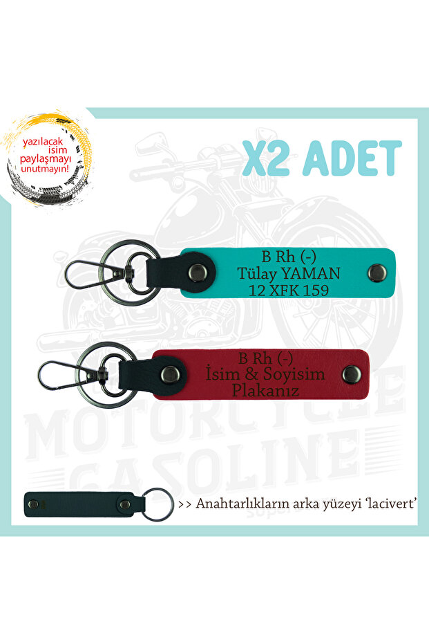 Stylish Gift for Motorcycler, Name Plate and B Rh (-) Blood Group, Set of 2 Keychains, Red-K Turquoise-Laci