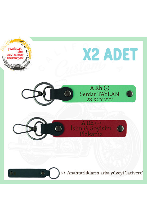 Name Plate and a Rh (-) Blood Group Written X2 Keychain Set, Red-F Green-Navy, for Motor Enthusiasts