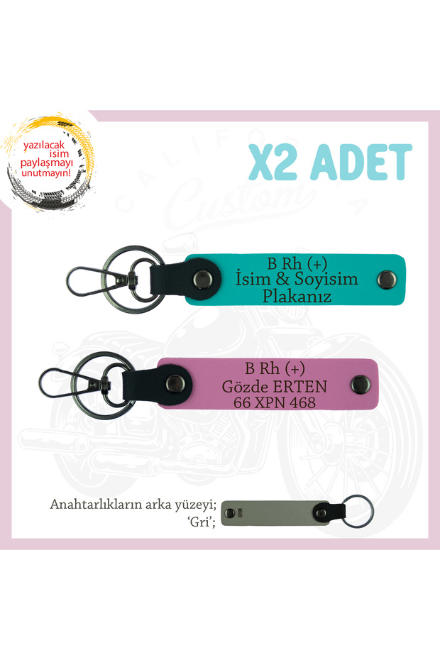 Classy Biker Keyring X2, K Turquoise-Pink-Gr, to Biker Friends, Name Plate & B Rh (+) Blood Group