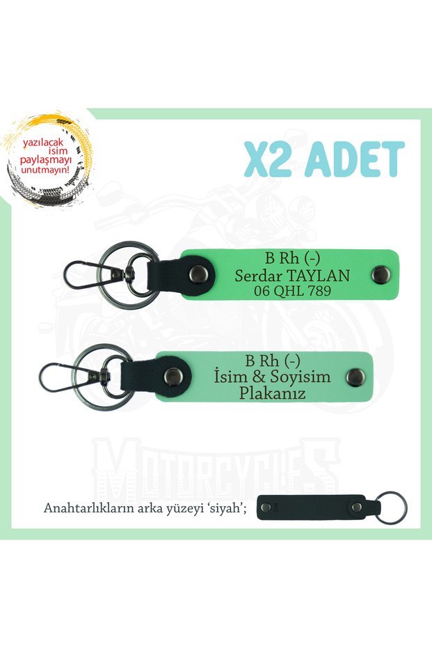 Name Plate and B Rh (-) Blood Group Written X2 Keychain, Green-F Green-Syh, Dedicated to Motorcycle Lovers