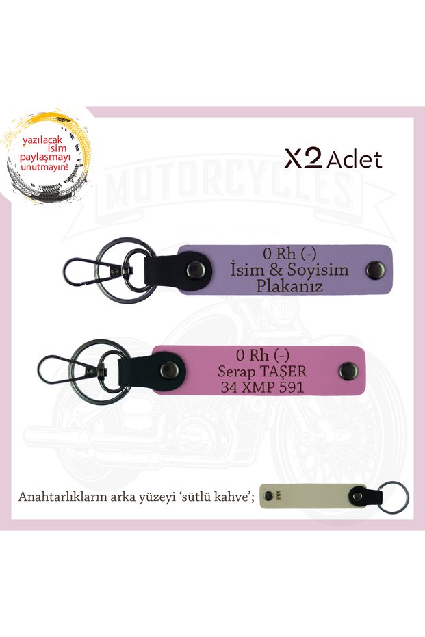 Name Plate and 0 Rh (-) Blood Group X2 Set Keychain, Purple-Pink-Sk, Special Design for Motor Lovers
