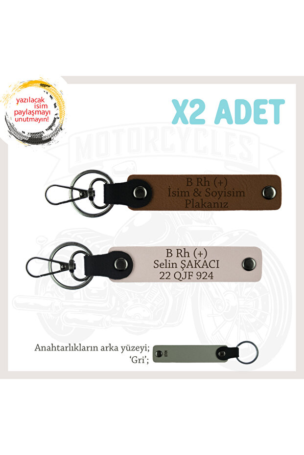 Biker Style, Safe Driving Keychain with Name Plate and B Rh (+) Blood Type Written X2, Coffee-Powder-Gr
