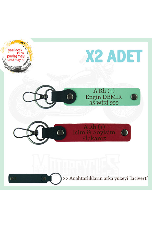 For Biker Passengers, Safe Driving X2 Keychain Set with Name Plate and a Rh (+) Lettering, Red-Green-Navy