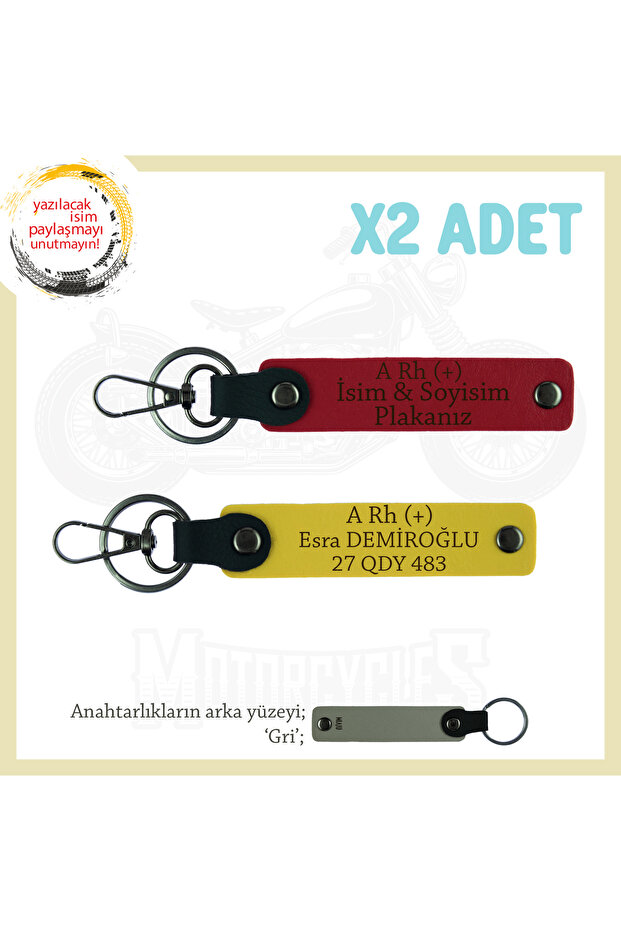 Special for Motor Lovers, Name Plate and a Rh (+) Blood Group Written X2 Keychain Gift, Red-Yellow-Gr