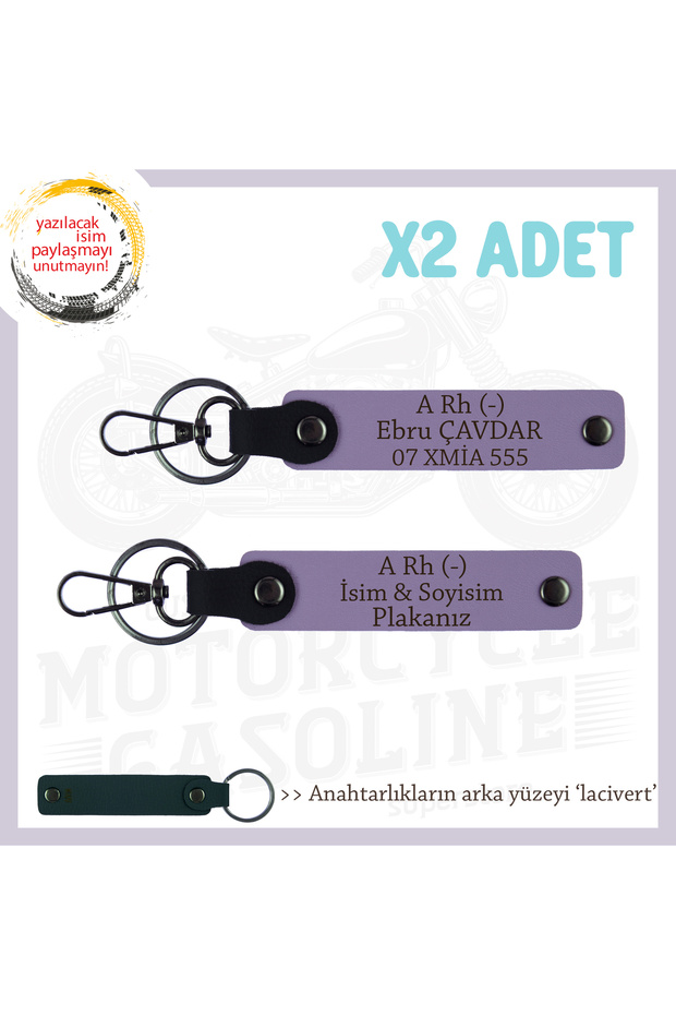 Special Production X2 Keychain with Name Plate and A- Blood Group Written for Enthusiasts of Motorcycles, Armağan, Purple-Lacquer