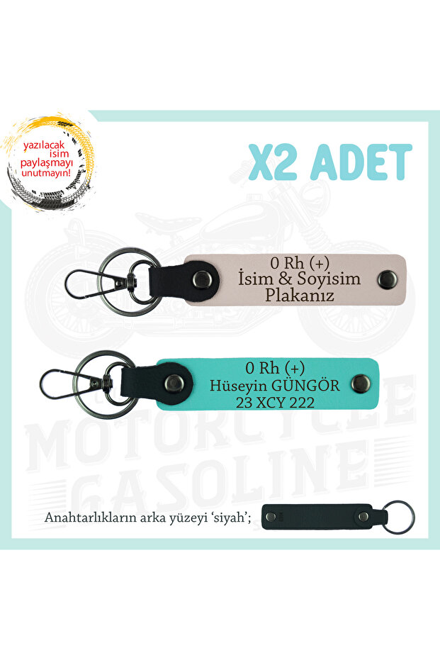Leather X2 Keychain, Powder-Turquoise-Syh, Custom Name Plate for Biker Passengers 0 Rh (+) Blood Group Written