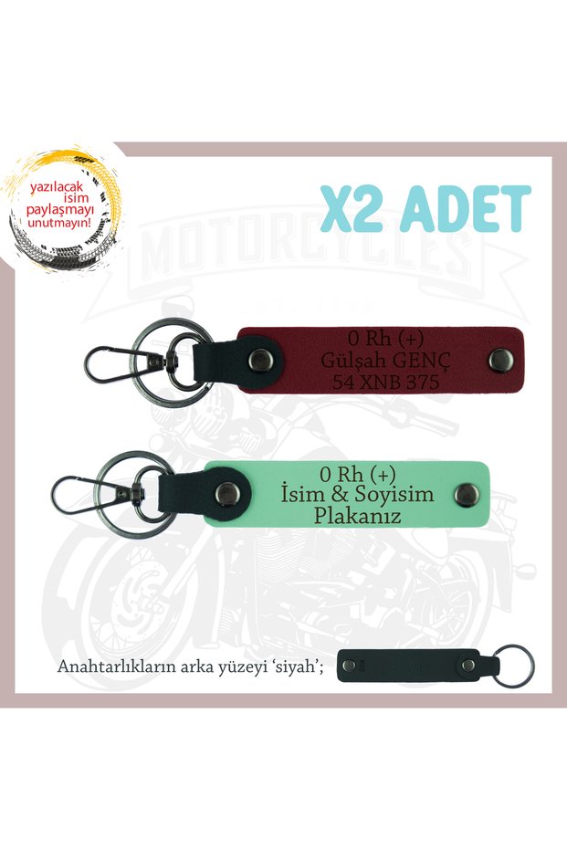 Name Plate and 0 Rh (+) Blood Group Written X2 Keychain Set, Green-Burgundy-Syh, Special for Biker Friends