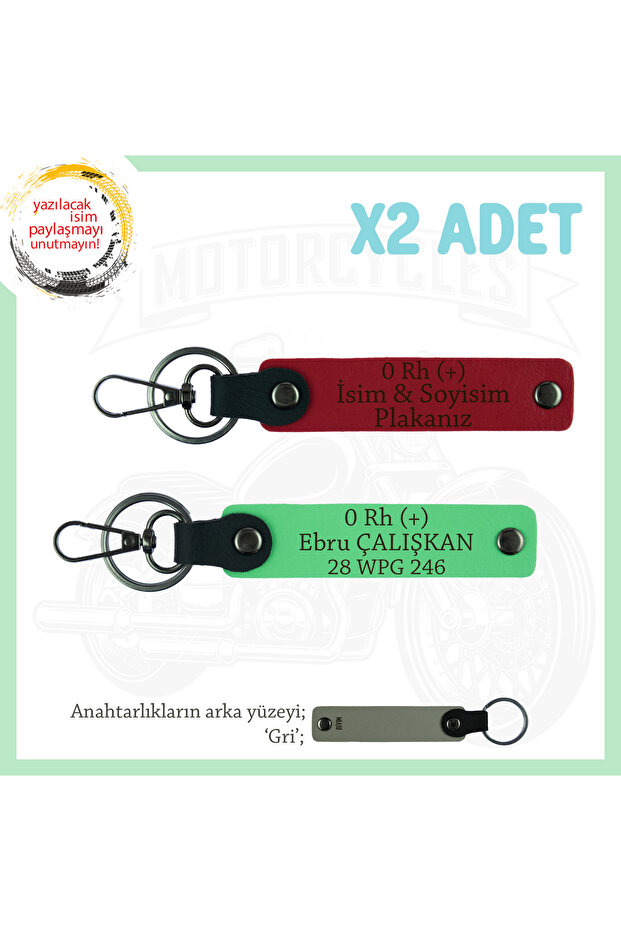 X2 Keychain Set, Red-F Green-Gr, Written for Motor Enthusiasts, Name Plate and 0 Rh (+) Blood Group