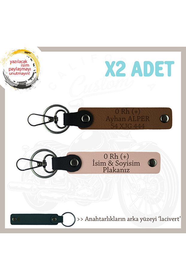 Name Plate and 0 Rh (+) Blood Group Processed X2 Keychain, Yavruağzı-Coffee-Laci, Biker Style Special