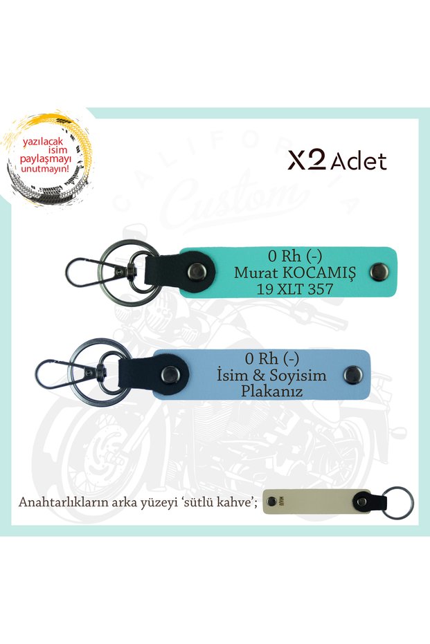 Custom Design X2 Keychain with Name Plate and 0 - Blood Group Written, Blue-Turquoise-Sk, Motorcycle Lovers