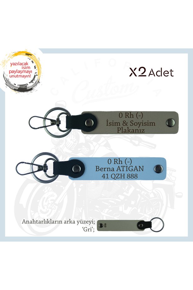 Name Plate & 0 Rh (-) Blood Group Written X2 Keychain Set, Ash Grey-Blue-Gr, for Motorcycle Lovers