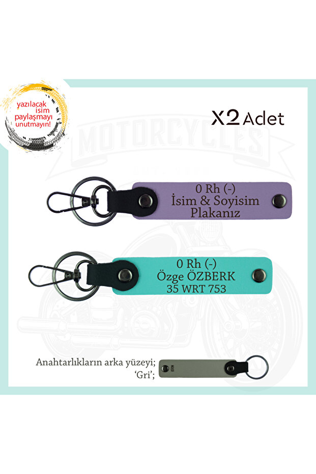 For Motorcycle Lovers, Name Plate and 0 Rh (-) Blood Group, Emergency X2 Keychain, Purple-Turquoise-Gr
