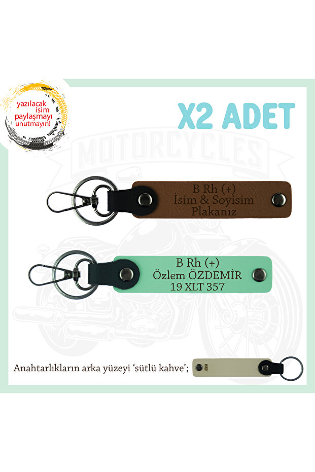 Biker X2 Keychain, Coffee-Green-Sk, Motorcycle Lovers, Name Plate and B Rh + Blood Group Written