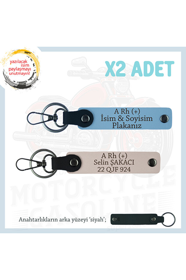 Gift X2 Keychain, Powder-Blue-Syh, Biker Style Special Name Plate a Rh (+) Blood Group Written