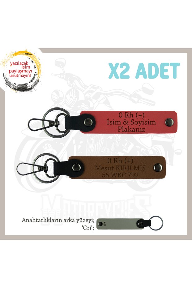 Motor X2 Keychain with Name Plate and 0 Rh (+) Blood Type Text Special for Biker Style, Pomegranate Flower-Brown-Gr