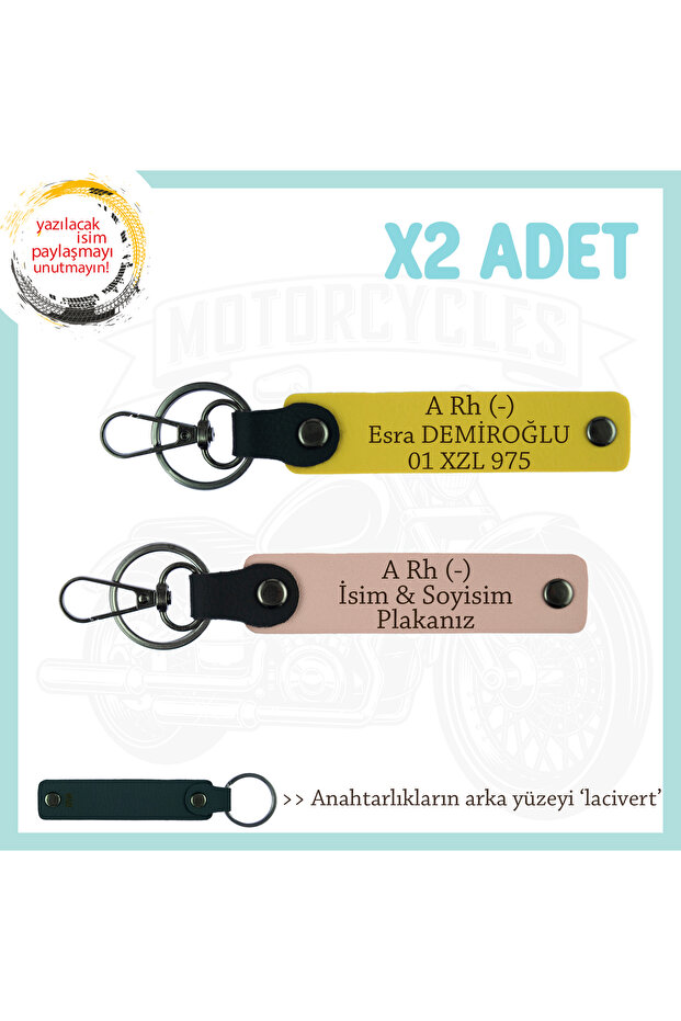 Name Plate and a Rh (-) Blood Group Written 2-Piece Keychain Set, Yavruağzı-Yellow-Laci, Biker Friends