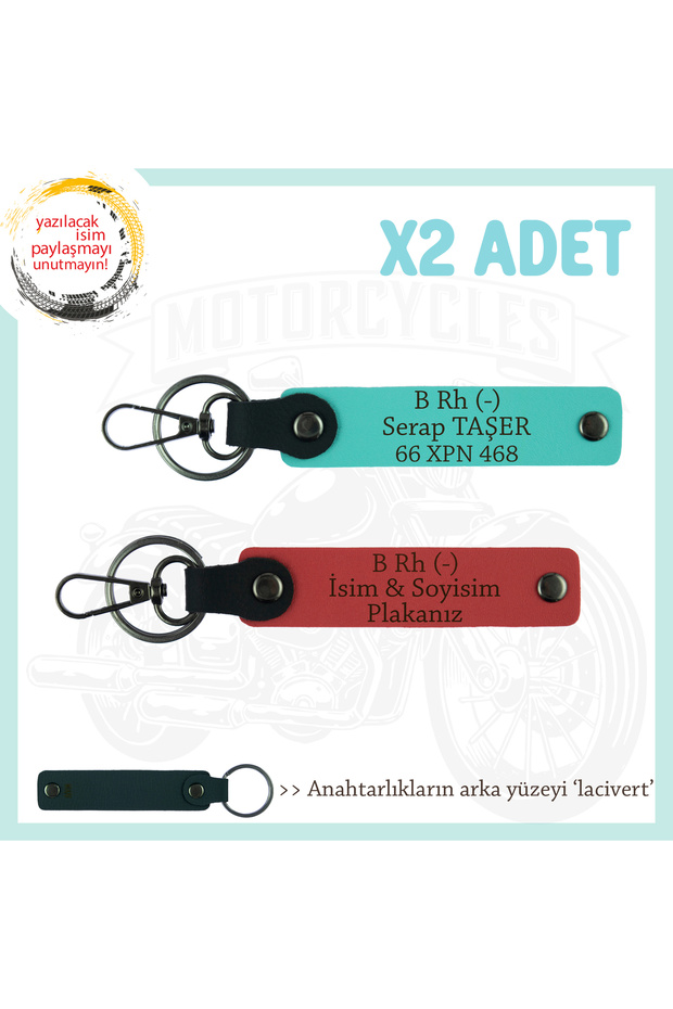 To Motorcycler, Gift X2 Keychain with Name Plate and B Rh (-) Blood Group, Pomegranate Flower-Turquoise-Laci