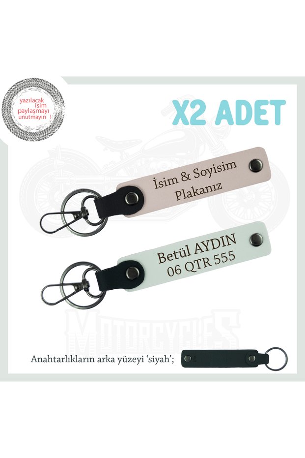 Custom Gift for Motorcyclists, X2 Keychain Set with Name and Plate Written, Powder-White-Syh