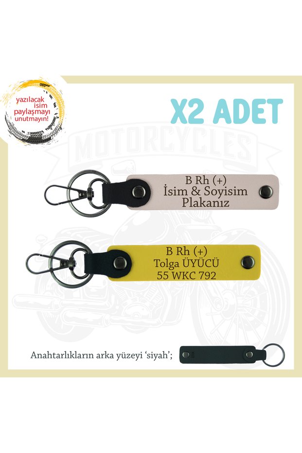 Name Plate and B Rh (+) Blood Group Gift Leather X2 Keychain, Powder-Yellow-Syh, Special for Biker Friends