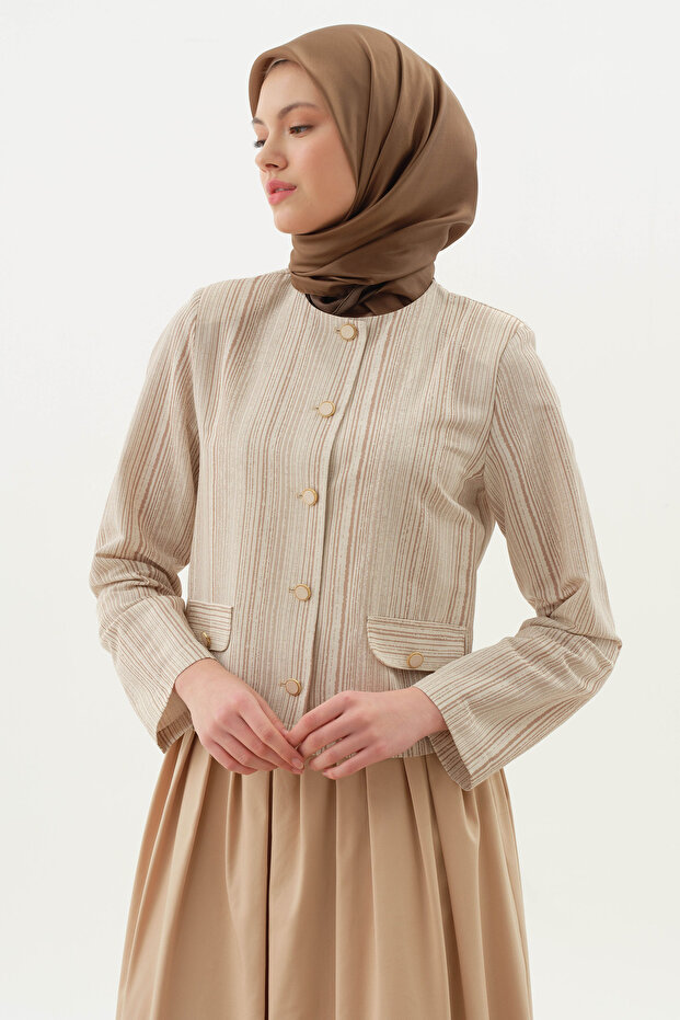 Çizgili Mini Ceket - Bej - 4