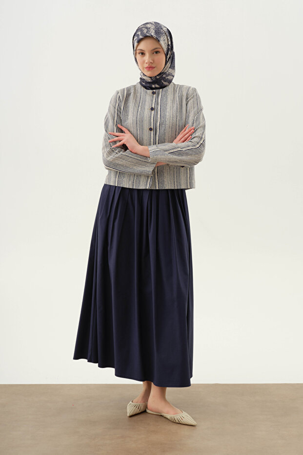 Çizgili Mini Ceket - İndigo - 4