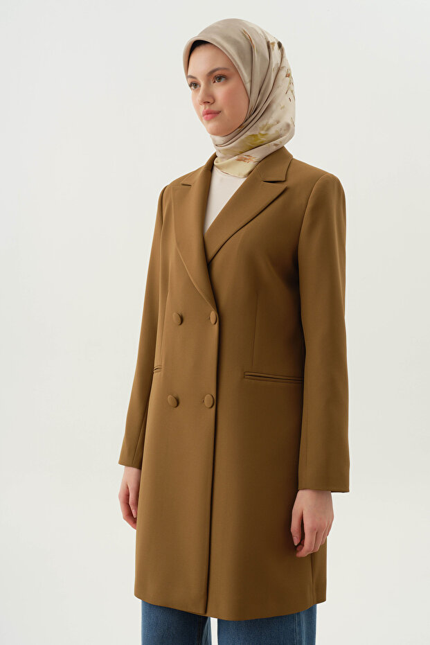 Kruvaze Düğmeli Uzun Basic Ceket - Olive - 6