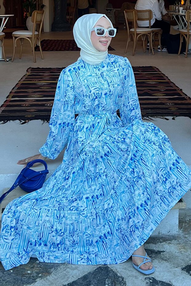 Patterned Hijab Dress Blue 501