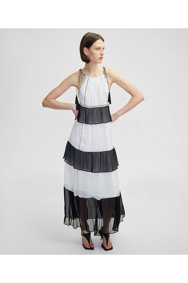 Halter yaka colorblock elbise - 2