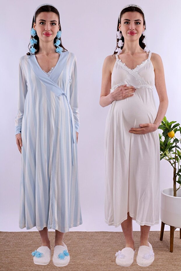 Effortt Blue/Ecru Maternity Nightgown Set with Dressing Gown