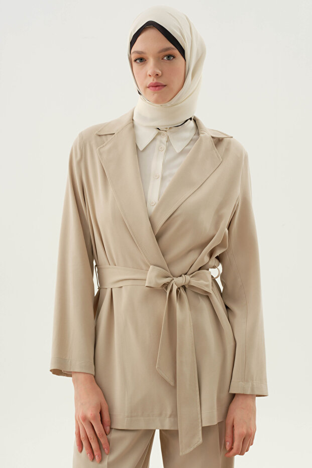 Kuşaklı Blazer Ceket - Bej - 1