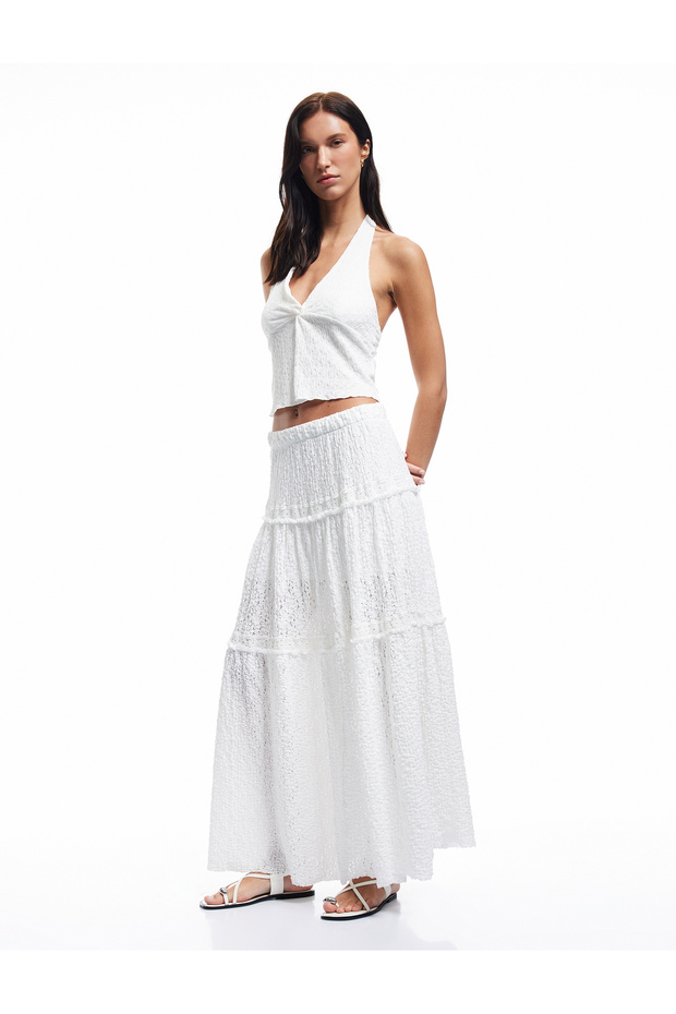 Standard Waist Lined Long Lace Skirt with Fold Detail