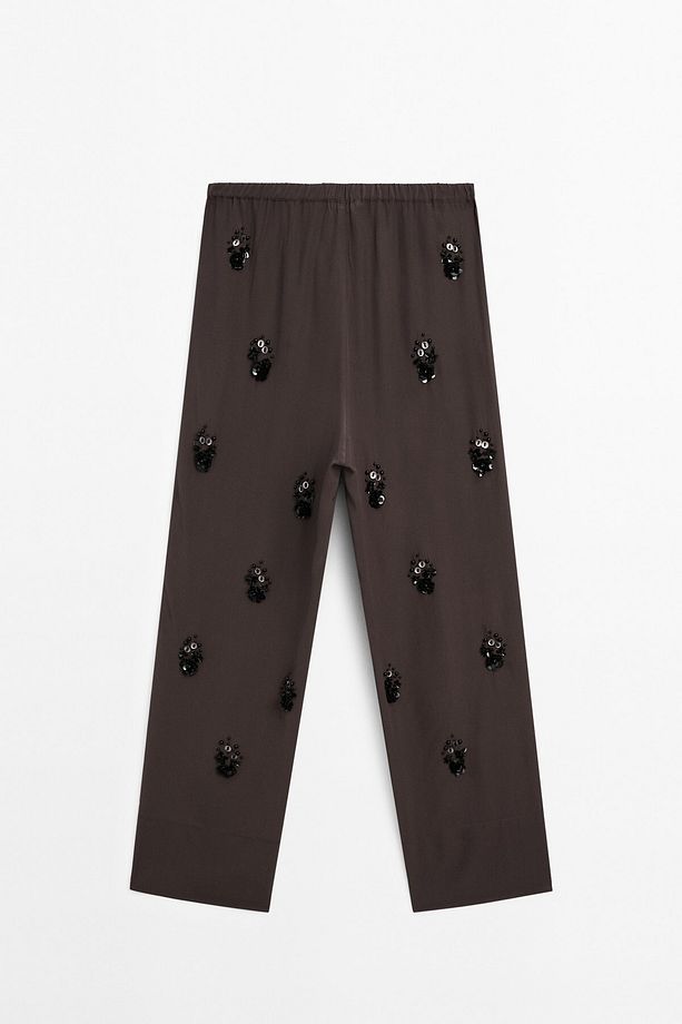 Çiçek aplikeli dökümlü pantolon - 7